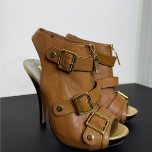 Matiko Tan Leather Heeled Booties with Gold Buckles